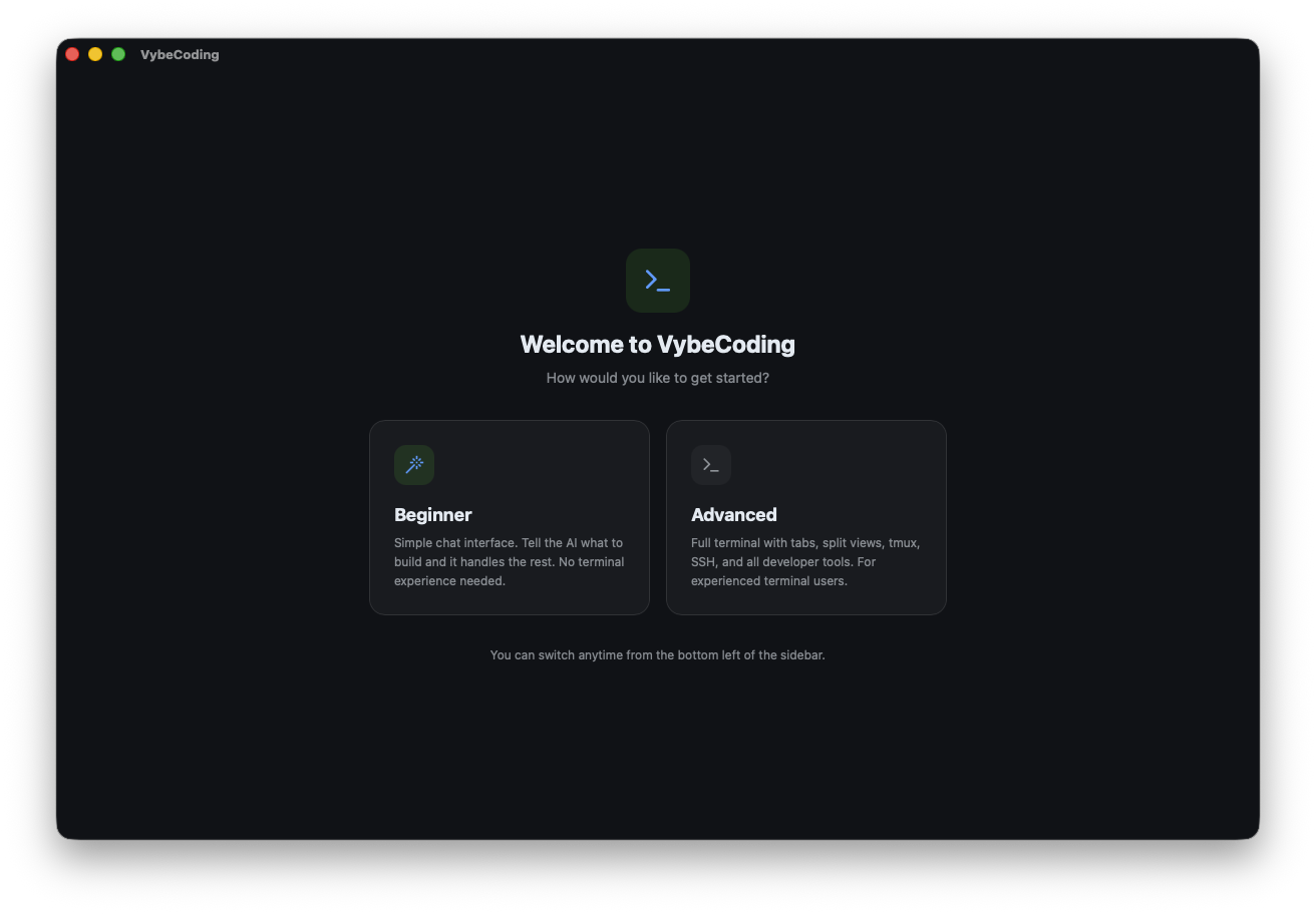 VybeCoding welcome screen with Beginner and Advanced mode selection