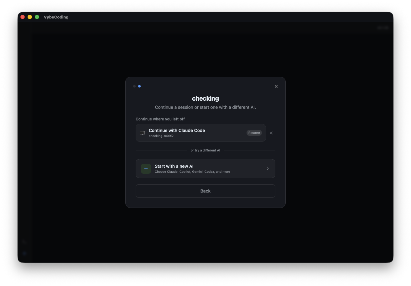 Session picker to continue with Claude Code or start a new AI
