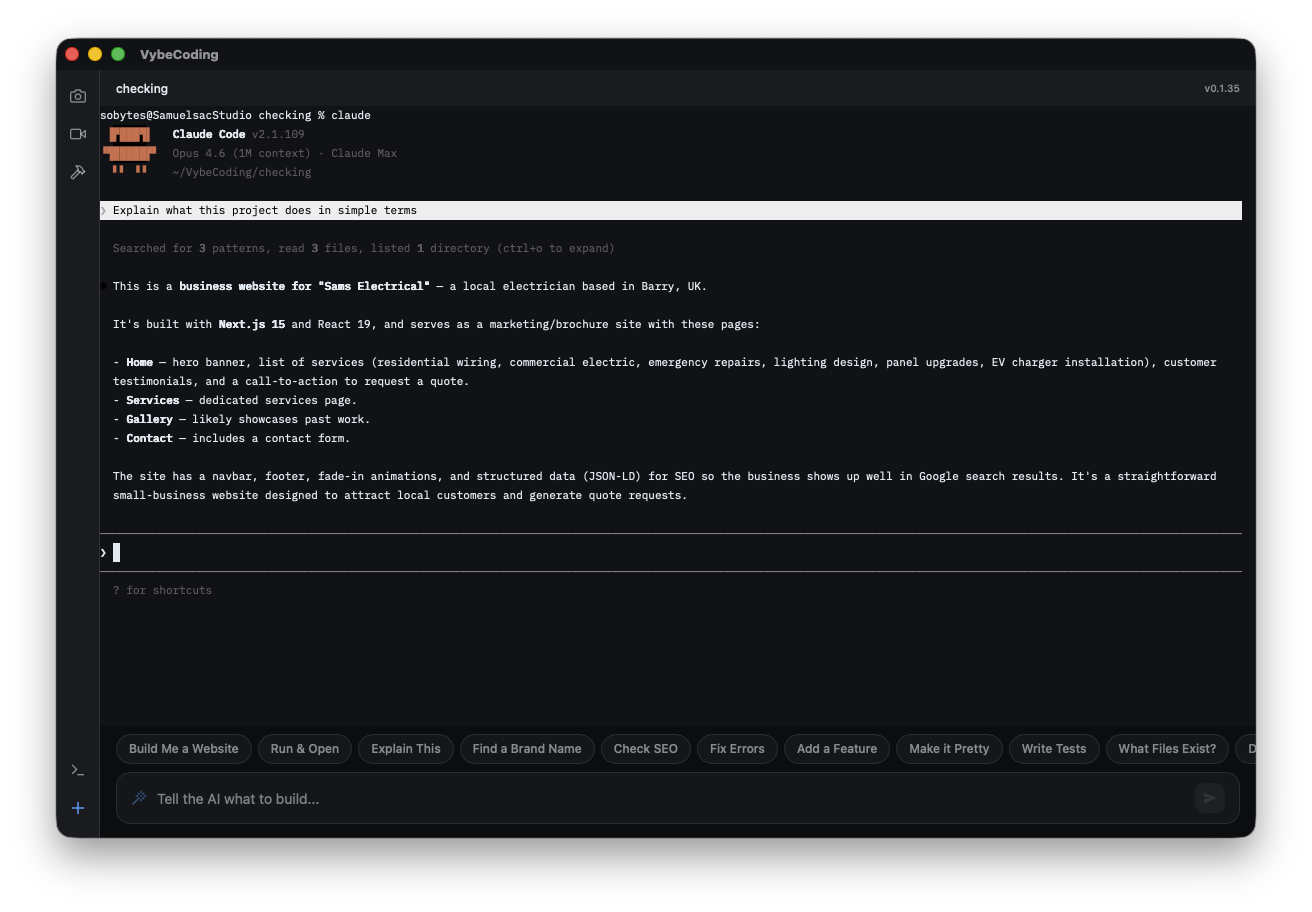 VybeCoding Desktop running Claude Code with beginner mode input bar