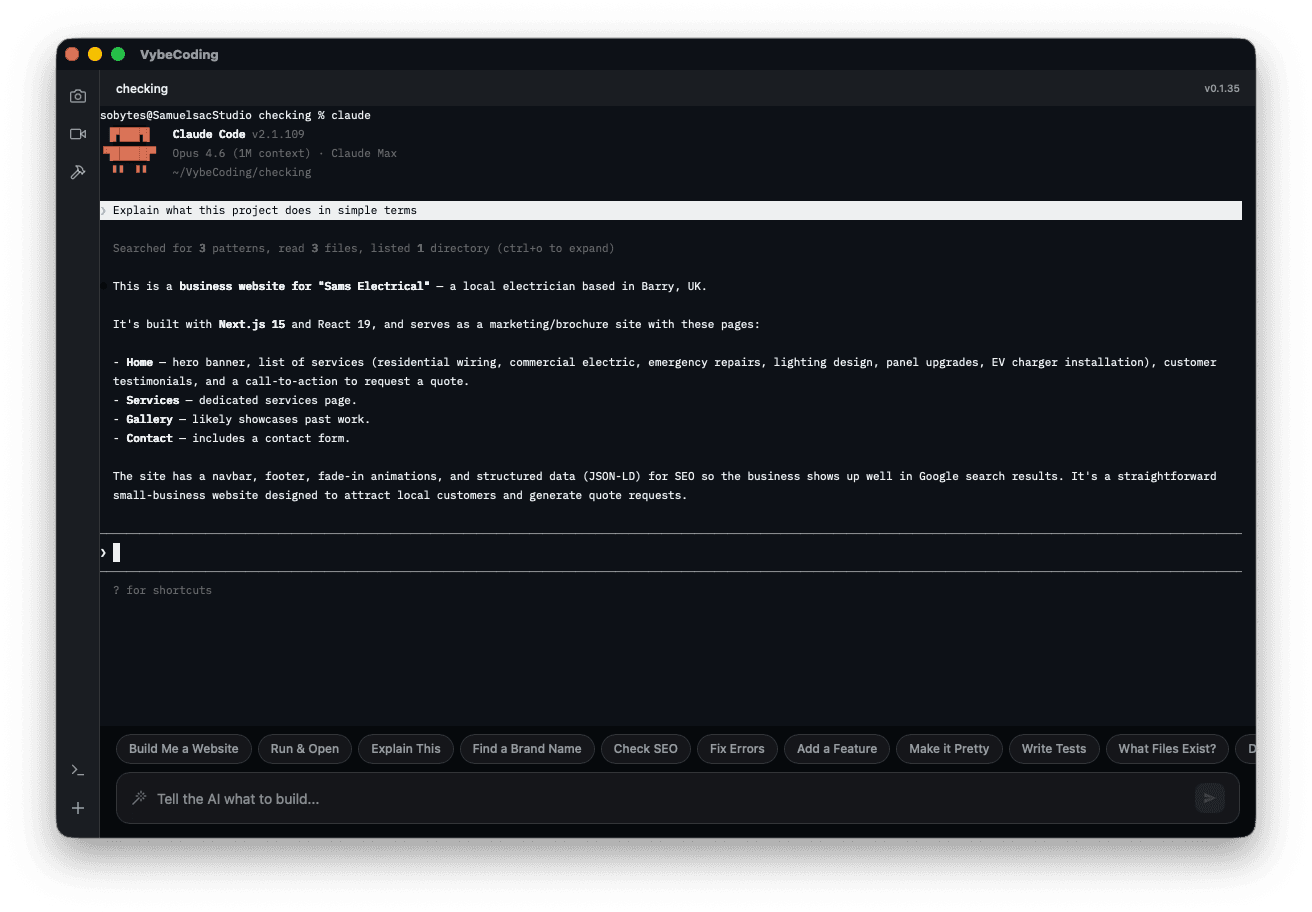 VybeCoding Desktop with Claude Code explaining a local electrician's business website built with Next.js