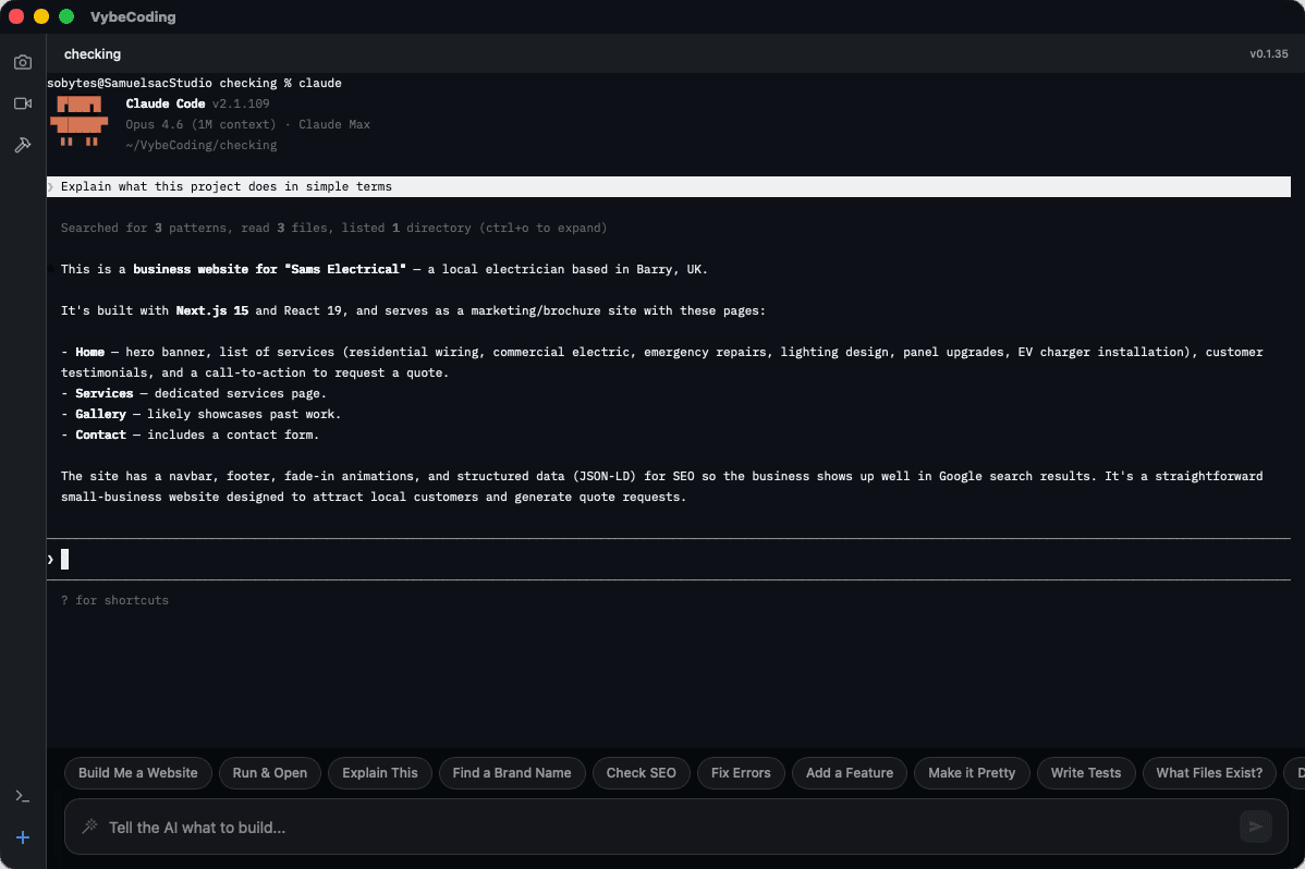 VybeCoding Desktop running Claude Code, with the beginner prompt bar along the bottom