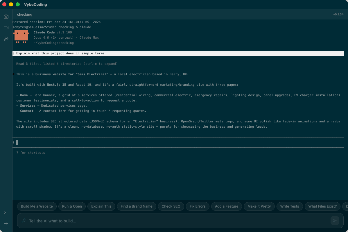 VybeCoding Desktop restoring a Claude Code session in a project folder