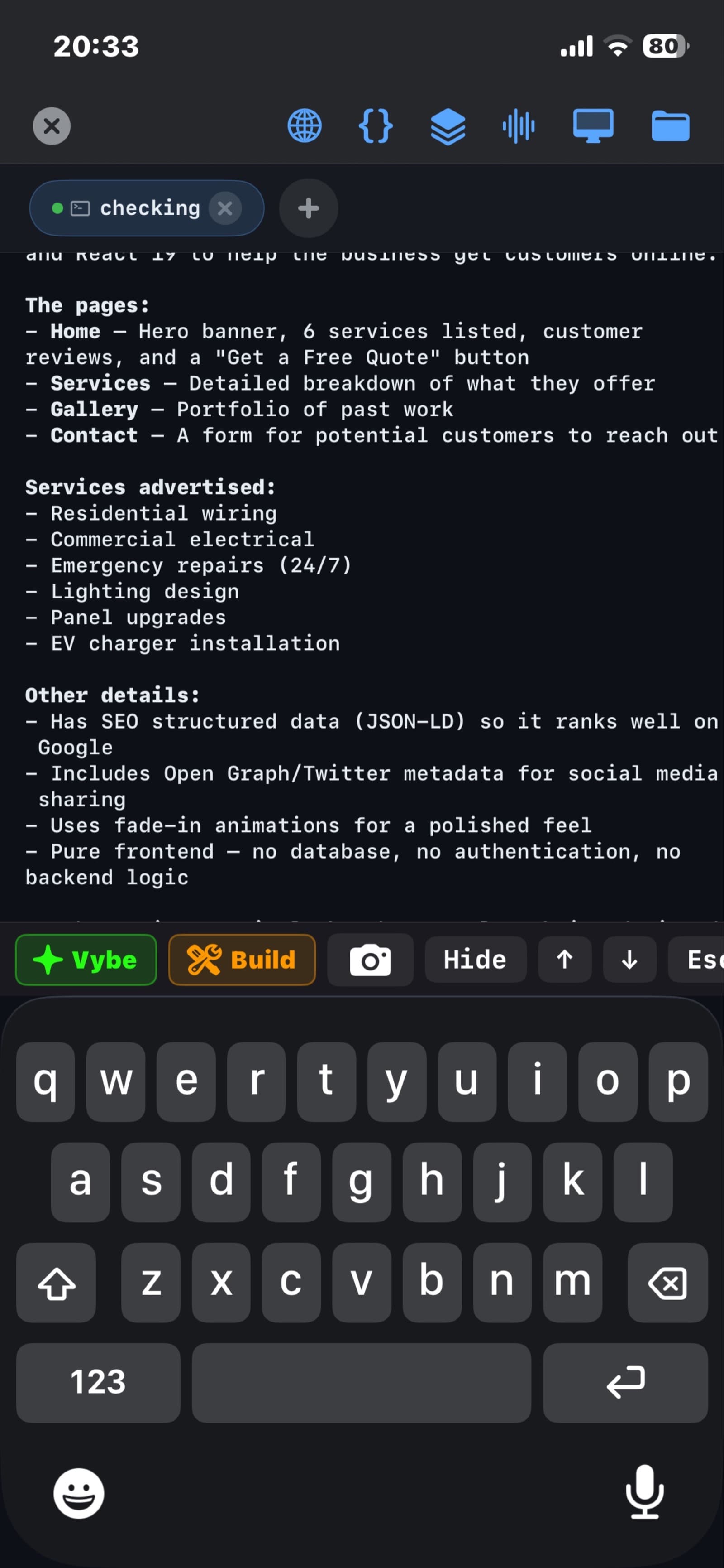 VybeCoding on iPhone, reading Claude Code's summary of a project