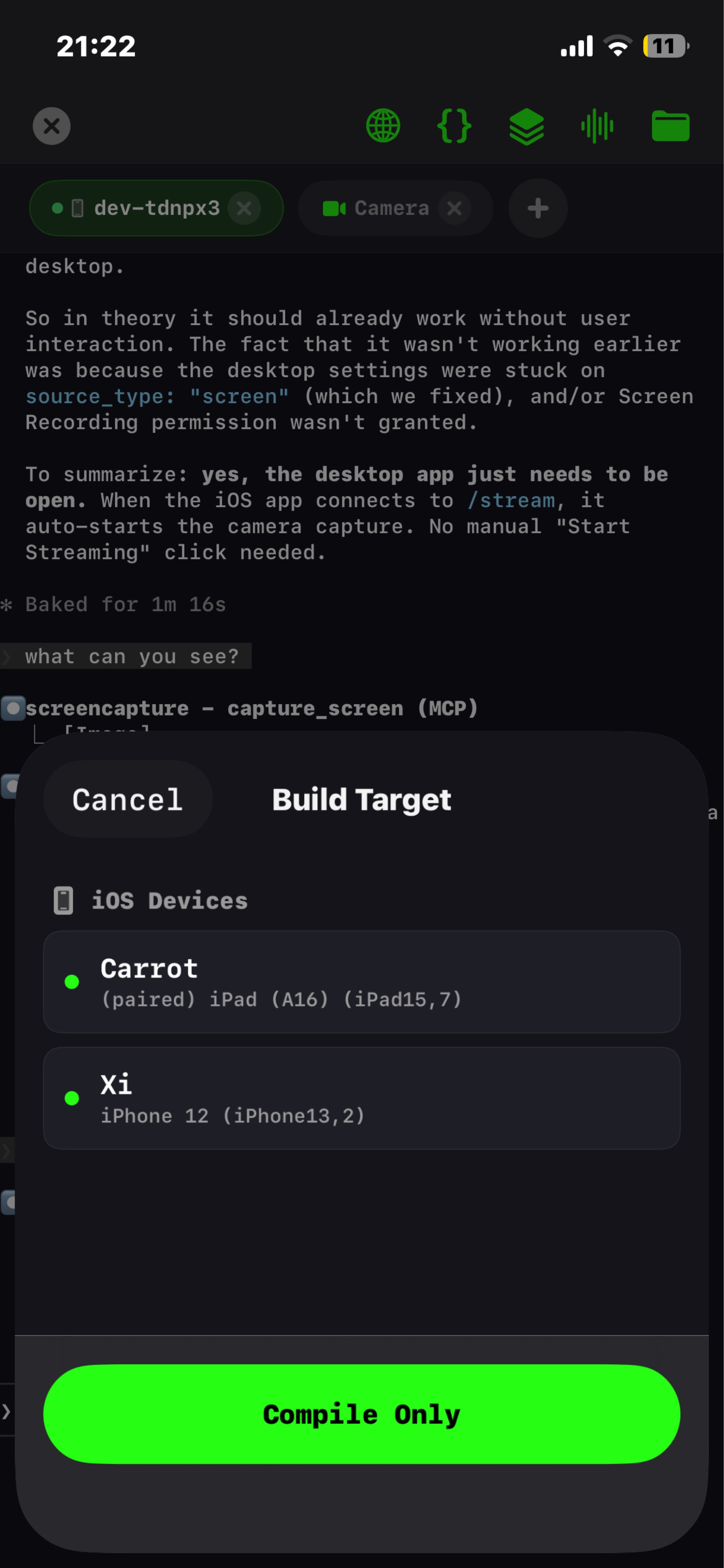 The VybeCoding iPhone app picking a device to build and install to