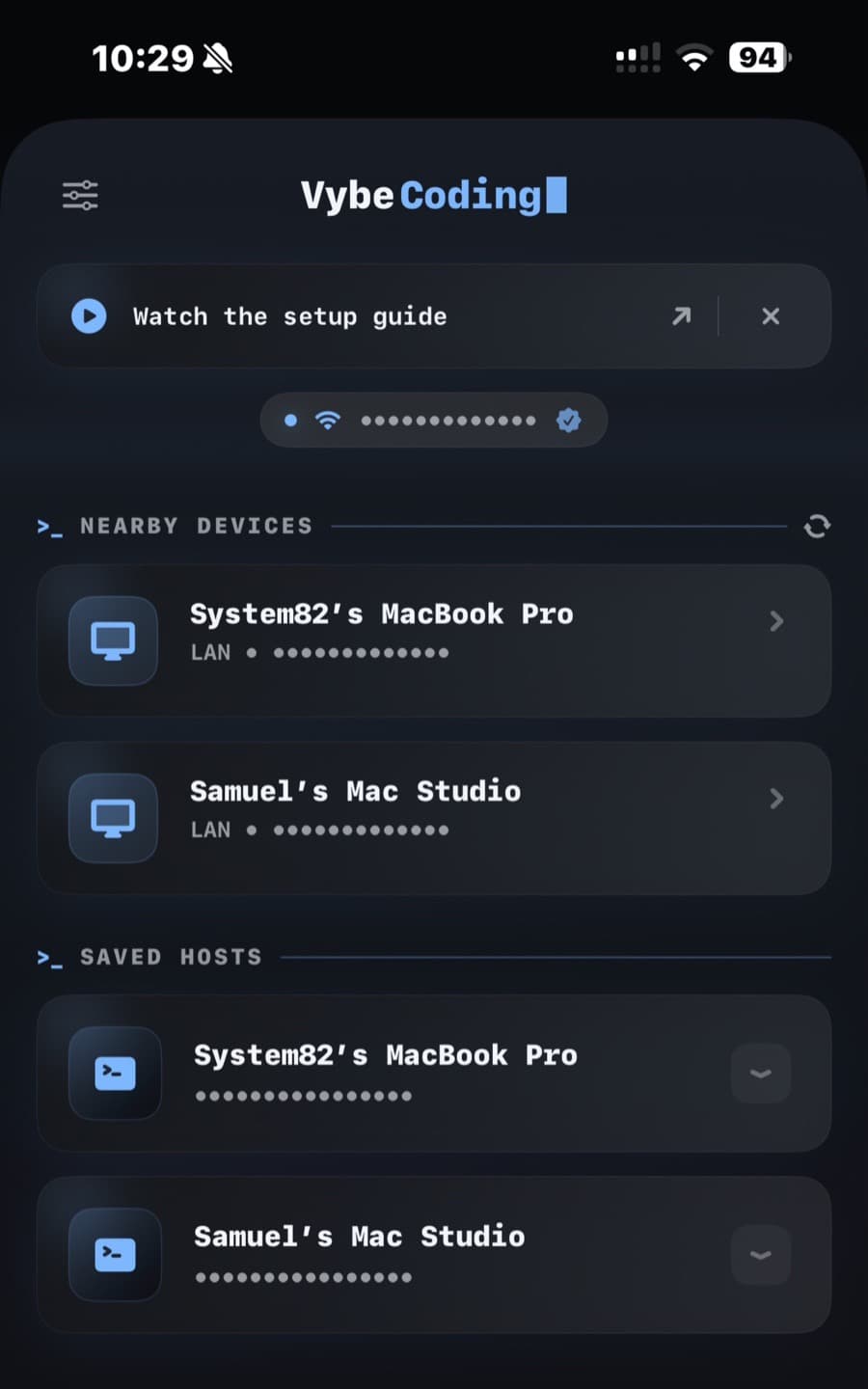 VybeCoding iPhone app listing nearby Macs and saved hosts