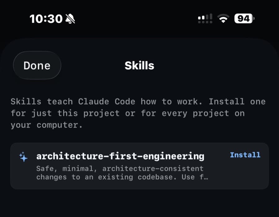 The Skills library in the VybeCoding iPhone app